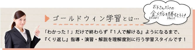 ゴールドウィン学習とは わかっただけで終わらず、一人で解けるようになるまで繰り返し指導・演習・解説を理解度別に行う学習スタイルです