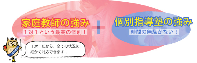 家庭教師の強み【1対1という最高の個別】＋個別指導塾の強み【時間の無駄がない】1対1だから全ての状況に細かく対応できます