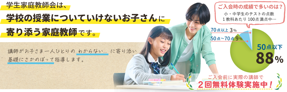 学生家庭教師会は、学校の授業についていけないお子さんに寄り添う家庭教師です。講師がお子さま一人ひとりの「わからない」に寄り添い、基礎にさかのぼって指導します。5教科対応。ご入会前に実際の講師で2回無料体験実施中！