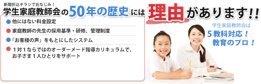 学生家庭教師会の50年以上の歴史には理由があります。他にはない料金設定、家庭教師の採用基準・研修 管理制度、「お客様の声」を元にしたシステム、1対1ならではのオーダーメイド指導カリキュラムでお子様ひとりひとりをサポート。2017年オリコン日本顧客満足度ランキング家庭教師全国第1位を受賞。5教科対応。教育のプロ。