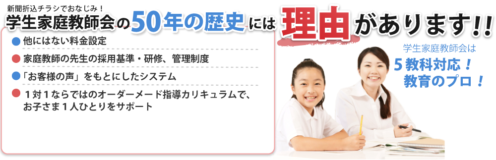 学生家庭教師会の50年以上の歴史には理由があります。他にはない料金設定、家庭教師の採用基準・研修 管理制度、「お客様の声」を元にしたシステム、1対1ならではのオーダーメイド指導カリキュラムでお子様ひとりひとりをサポート。5教科対応。教育のプロ。