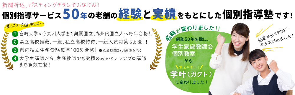 新聞折込 ポスティングチラシでおなじみ!個別指導サービス50年の老舗の経験と実績をもとにした個別指導塾です!選ばれる理由は・・・宮崎大学から九州大学まで難関国立、九州内国立大へ毎年合格!!県立高校推薦、 一般、 私立高校特待、 一般入試対策も万全!!県内私立中学受験毎年100% 合格! ※指導期間3ヵ月未満を除く 大学生講師から、 家庭教師でも実績のあるベテランプロ講師まで多数在籍!名称が変わりました!!創業50年を機に、学生家庭教師会個別教室から\覚えやすい! /学叶(ガクト)に変わりました!結果が出て初めてやる気が出ました!