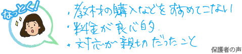 教材の購入などをすすめてこない、料金が良心的、対応が親切だったこと 保護者の声