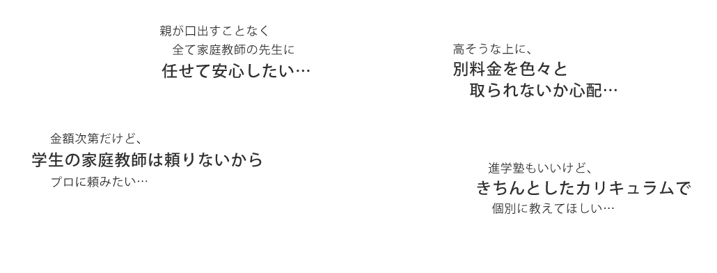 親が口出すことなく全て家庭教師の先生に任せて安心したい 金額次第だけど、学生の家庭教師は頼りないからプロに頼みたい 高そうな上に、別料金を取られないか心配 進学塾もいいけど、きちんとしたカリキュラムで個別に教えてほしい